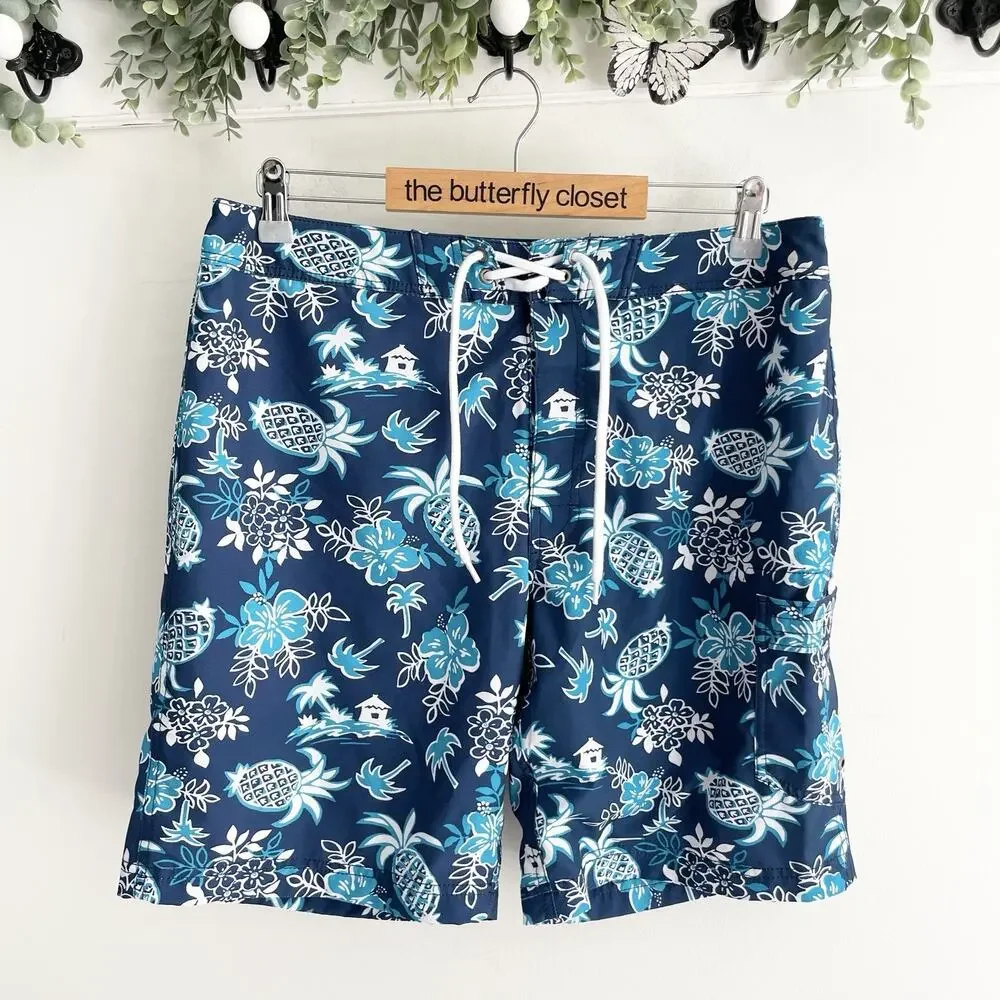 J. Crew Blue Tropical Print pineapple Drawstring Lined Swim Trunks Sz 33 12-5322